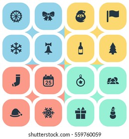 Set Of 16 Simple Celebration Icons. Can Be Found Such Elements As Ice Man, Christmas Character, Christmas Decoration And Other.