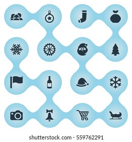 Set Of 16 Simple Celebration Icons. Can Be Found Such Elements As Drink Bottle, Snow, Christmas Character And Other.
