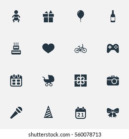 Set Of 16 Simple Celebration Icons. Can Be Found Such Elements As Speech, Box, Camera And Other.