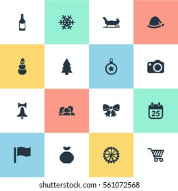 Set Of 16 Simple Celebration Icons. Can Be Found Such Elements As Basket, Pin, Funfair And Other.