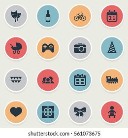 Set Of 16 Simple Celebration Icons. Can Be Found Such Elements As Infant, Game, Resonate And Other.
