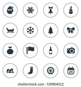 Set Of 16 Simple Christmas Icons. Can Be Found Such Elements As Forest, Christmas Character, Ice Man And Other.