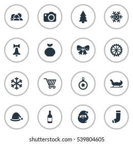 Set Of 16 Simple Christmas Icons. Can Be Found Such Elements As Christmas Cap, Funfair, Snow And Other.