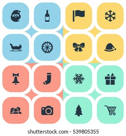 Set Of 16 Simple Christmas Icons. Can Be Found Such Elements As Basket, Christmas Decoration, Present And Other.