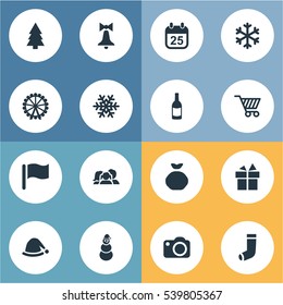 Set Of 16 Simple Christmas Icons. Can Be Found Such Elements As Present, Bag, Drink Bottle And Other.