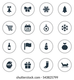 Set Of 16 Simple Christmas Icons. Can Be Found Such Elements As Drink Bottle, Tree Toy, Decoration And Other.
