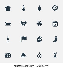 Set Of 16 Simple Christmas Icons. Can Be Found Such Elements As Present, Christmas Decoration, Christmas Cap And Other.