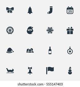 Set Of 16 Simple Christmas Icons. Can Be Found Such Elements As Tree Toy, Snow, Decoration And Other.