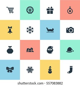 Set Of 16 Simple Christmas Icons. Can Be Found Such Elements As Basket, Snow, Decoration And Other.