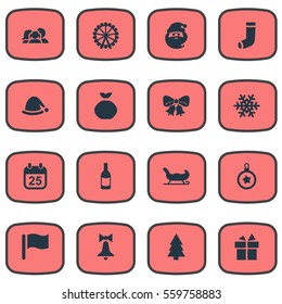 Set Of 16 Simple Christmas Icons. Can Be Found Such Elements As Funfair, Present, Decoration And Other.