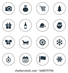 Set Of 16 Simple Christmas Icons. Can Be Found Such Elements As Christmas Character, Pin, Basket And Other.