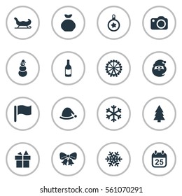 Set Of 16 Simple Christmas Icons. Can Be Found Such Elements As Ice Man, Snow, Tree Toy And Other.