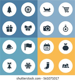 Set Of 16 Simple Christmas Icons. Can Be Found Such Elements As Calendar, Christmas Cap, Christmas Decoration And Other.