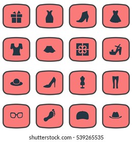 Set Of 16 Simple Clothes Icons. Can Be Found Such Elements As Pants, Barefoot, Present And Other.