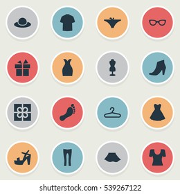 Set Of 16 Simple Clothes Icons. Can Be Found Such Elements As Present, Female Cloth, Elegant Headgear And Other.