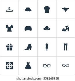Set Of 16 Simple Clothes Icons. Can Be Found Such Elements As Footwear, Glasses, Man Clothing And Other.