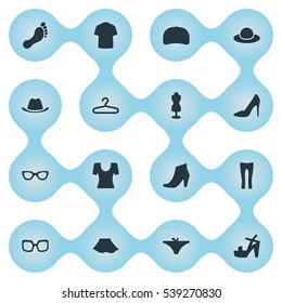 Set Of 16 Simple Clothes Icons. Can Be Found Such Elements As Female Cloth, Footwear, Mannequin And Other.
