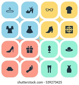 Set Of 16 Simple Clothes Icons. Can Be Found Such Elements As Elegant Headgear, Rack, Attire And Other.