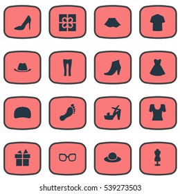 Set Of 16 Simple Clothes Icons. Can Be Found Such Elements As Footwear, Mannequin, Man Clothing And Other.