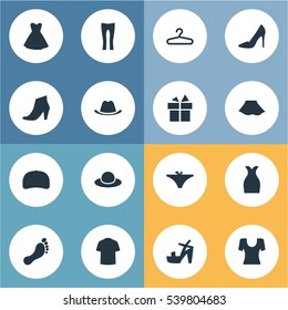 Set Of 16 Simple Clothes Icons. Can Be Found Such Elements As Footwear, Elegant Headgear, Cap And Other.