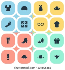 Set Of 16 Simple Clothes Icons. Can Be Found Such Elements As Elegant Headgear, Head Accessory, Pants And Other.