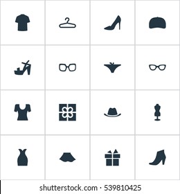 Set Of 16 Simple Clothes Icons. Can Be Found Such Elements As Attire, T-Shirt, Footwear And Other.