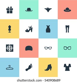 Set Of 16 Simple Clothes Icons. Can Be Found Such Elements As Barefoot, T-Shirt, Elegant Headgear And Other.