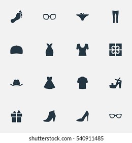 Set Of 16 Simple Clothes Icons. Can Be Found Such Elements As Footwear, Head Accessory, Panties And Other.