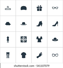 Set Of 16 Simple Clothes Icons. Can Be Found Such Elements As Barefoot, Elegant Headgear, Glasses And Other.