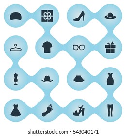 Set Of 16 Simple Clothes Icons. Can Be Found Such Elements As Footwear, Man Clothing, Head Accessory And Other.