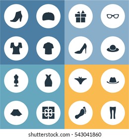 Set Of 16 Simple Clothes Icons. Can Be Found Such Elements As Barefoot, Present, Panties And Other.