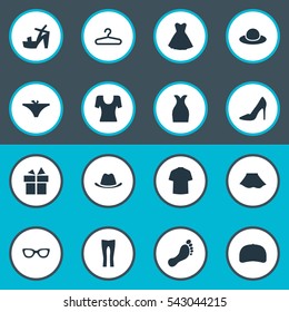 Set Of 16 Simple Clothes Icons. Can Be Found Such Elements As Barefoot, Attire, T-Shirt And Other.