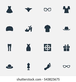 Set Of 16 Simple Clothes Icons. Can Be Found Such Elements As Pants, Elegant Headgear, Present And Other.