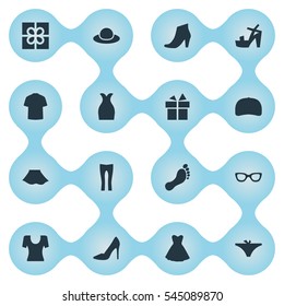 Set Of 16 Simple Clothes Icons. Can Be Found Such Elements As Female Cloth, Panties, Man Clothing And Other.