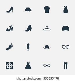 Set Of 16 Simple Clothes Icons. Can Be Found Such Elements As Cap, Attire, Rack And Other.