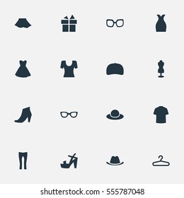 Set Of 16 Simple Clothes Icons. Can Be Found Such Elements As Pants, Present, T-Shirt And Other.