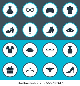 Set Of 16 Simple Clothes Icons. Can Be Found Such Elements As Panties, Footwear, Elegant Headgear And Other.