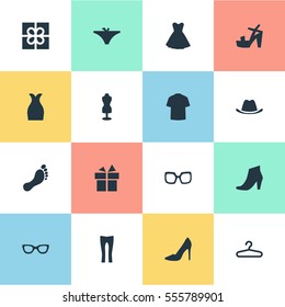Set Of 16 Simple Clothes Icons. Can Be Found Such Elements As Present, Footwear, Man Clothing And Other.