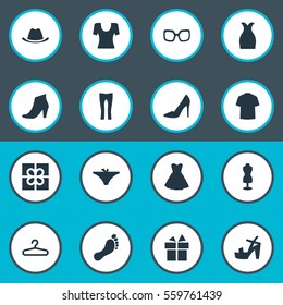 Set Of 16 Simple Clothes Icons. Can Be Found Such Elements As Panties, T-Shirt, Pants And Other.