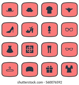 Set Of 16 Simple Clothes Icons. Can Be Found Such Elements As Female Cloth, Eyeglasses, Mannequin And Other.