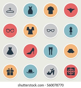 Set Of 16 Simple Clothes Icons. Can Be Found Such Elements As Attire, Pants, Panties And Other.