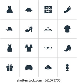 Set Of 16 Simple Clothes Icons. Can Be Found Such Elements As Mannequin, Attire, Glasses And Other.