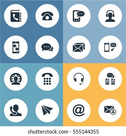 Set Of 16 Simple Communication Icons. Can Be Found Such Elements As E-Mail Symbol, Telephone, Telephone Directory And Other.