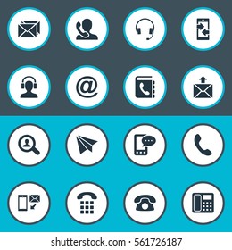 Set Of 16 Simple Communication Icons. Can Be Found Such Elements As Postage, Telephone Directory, New-Come Letter And Other.
