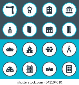 Set Of 16 Simple Construction Icons. Can Be Found Such Elements As School, Structure, Residential And Other.