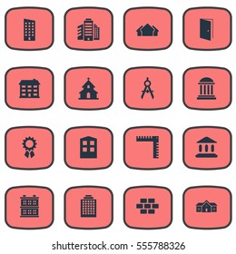 Set Of 16 Simple Construction Icons. Can Be Found Such Elements As Shelter, Engineer Tool, Popish And Other.