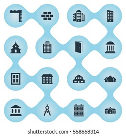Set Of 16 Simple Construction Icons. Can Be Found Such Elements As Block, Residential, School And Other.