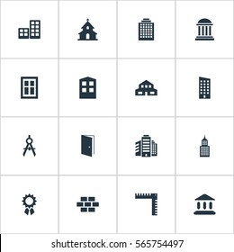 Set Of 16 Simple Construction Icons. Can Be Found Such Elements As Stone, Residential, Gate And Other.