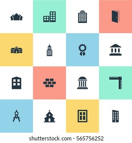 Set Of 16 Simple Construction Icons. Can Be Found Such Elements As Residence, Academy, Booth And Other.