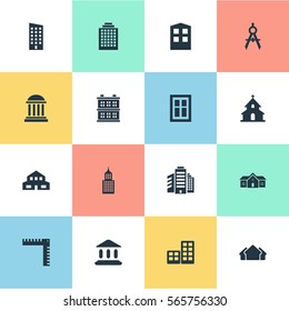 Set Of 16 Simple Construction Icons. Can Be Found Such Elements As Academy, Residential, Engineer Tool And Other.
